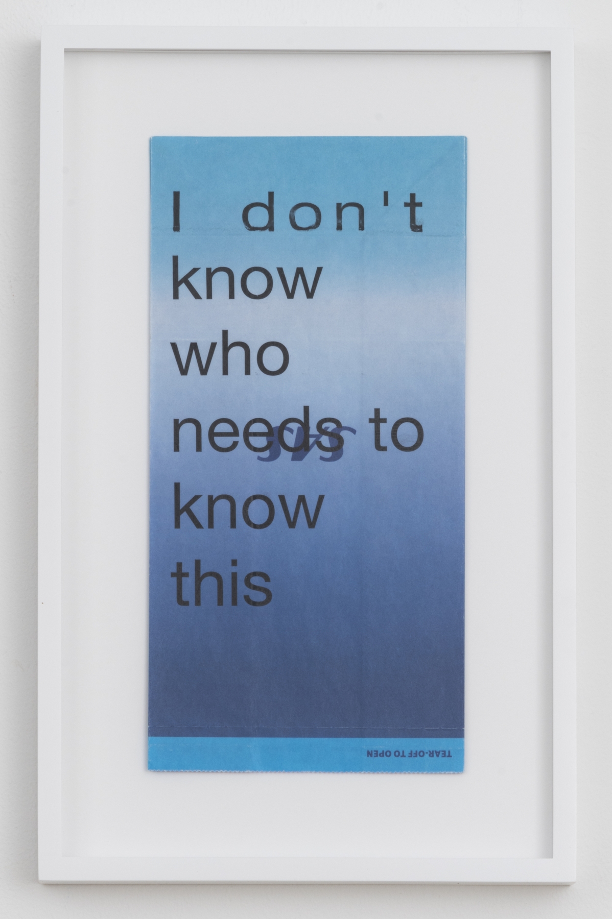Cory Arcangel
I don&#39;t know who needs to know this, 2020
Hewlett Packard home office Laserjet on found Scandinavian Airlines vomit bag
Paper: 10 x 5 inches (25.4 x 12.7 cm)
Frame: 13 1/4 x 8 1/4 x 1 3/8 inches (33.7 x 21 x 3.5 cm)