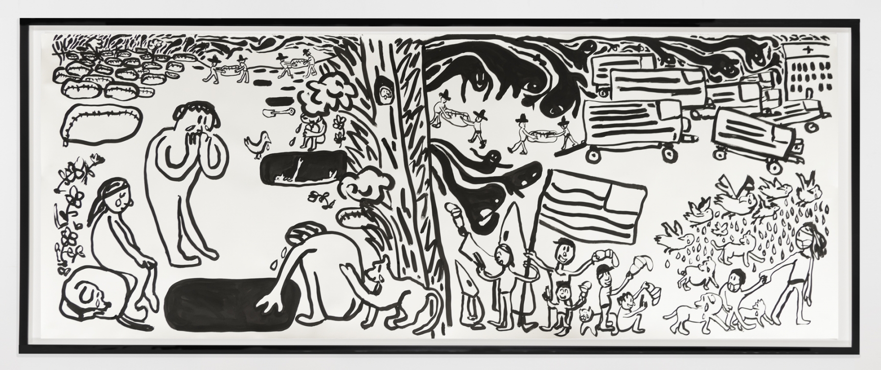 Paul Chan
Primitiv, 2020
Ink on paper
Paper: 50 1/2 x 132 inches (128.3 x 335.3 cm)
Frame: 54 5/8 x 136 1/8 x 2 7/8 inches (138.7 x 345.8 x 7.3 cm)