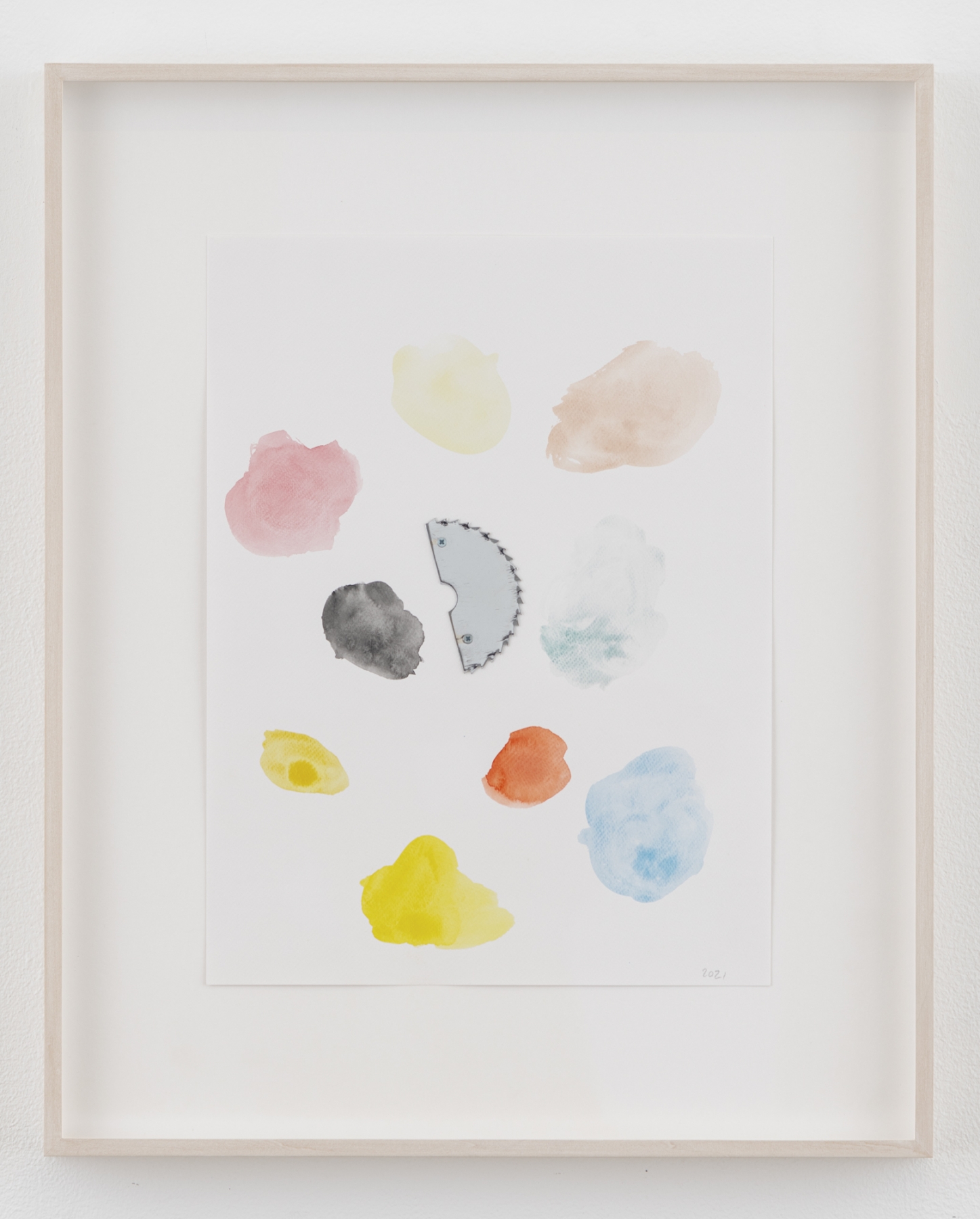Monika Baer
Loose change 2, 2021
Watercolor, chrome-plated saw blade fragment and screws on paper
Paper: 15 3/4 x 11 3/4 inches (40 x 29.8 cm)
Frame: 22 3/4 x 18 1/2 x 1 3/8 inches (57.8 x 47 x 3.5 cm)