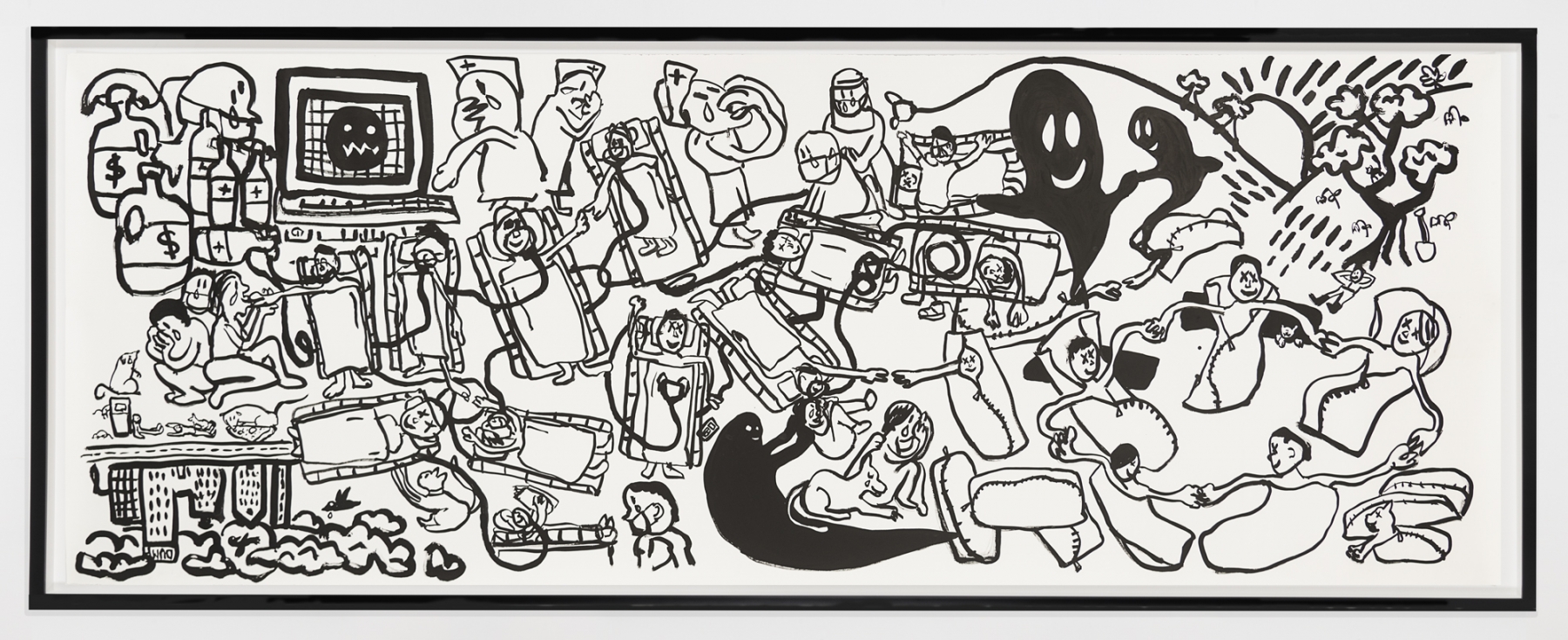 Paul Chan
die Seuche (epidemic), 2020
Ink on paper
Paper: 50 1/2 x 136 inches (128.3 x 345.4 cm)
Frame: 54 1/2 x 140 x 2 7/8 inches (138.4 x 355.6 x 7.3 cm)