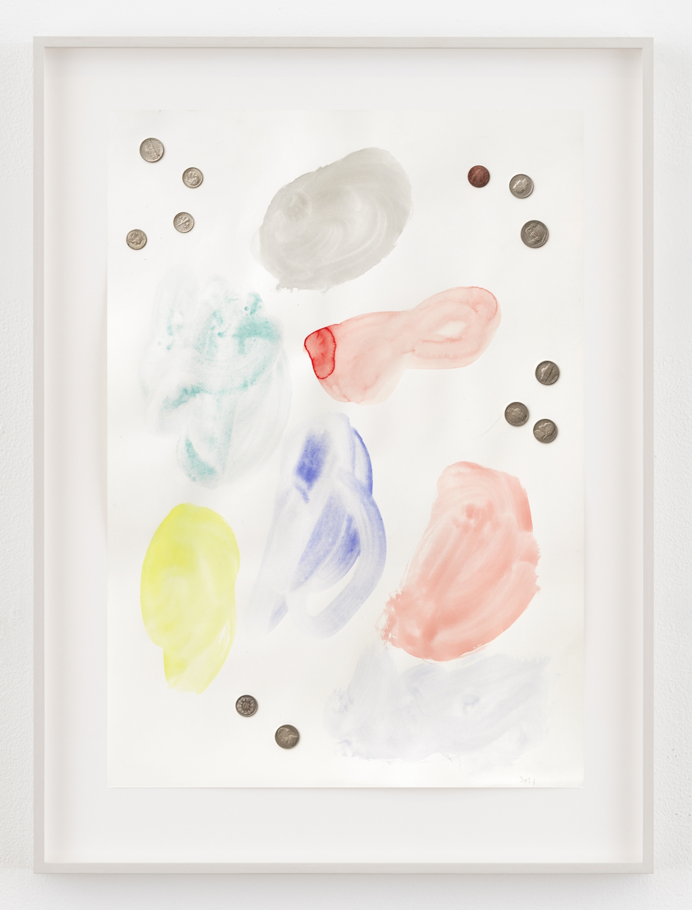 Monika Baer
Insult to the Eye, 2021
Watercolor and coins on paper
Paper: 23 1/2 x 16 1/2 inches (59.7 x 41.9 cm)
Frame: 29 1/4 x 21 3/4 x 1 3/8 inches (74.3 x 55.2 x 3.5 cm)