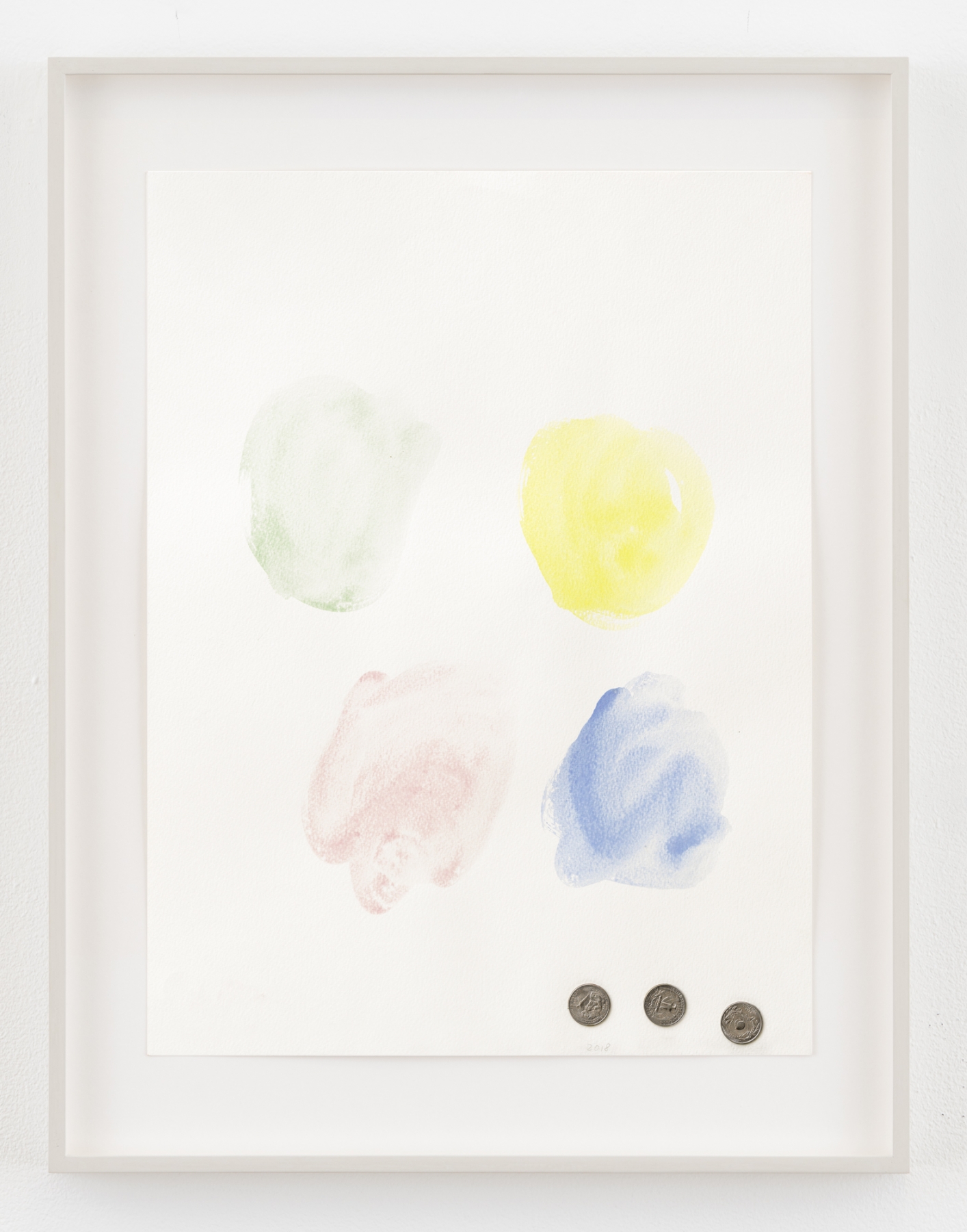 Monika Baer
4 Colors and 75&cent;, 2018/2021
Watercolor and coins on paper
Paper: 20 x 15 inches (50.8 x 38.1 cm)
Frame: 25 1/8 x 19 3/8 x 1 3/8 inches (63.8 x 49.2 x 3.5 cm)