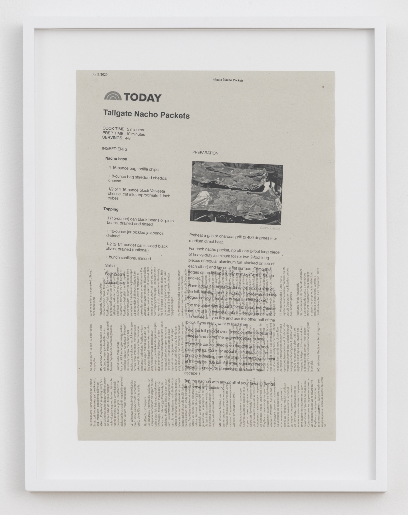 Cory Arcangel

TODAY: Tailgate Nacho Packets,&nbsp;2020

Hewlett packard home office Laserjet on found PHILIPS flatscreen LED technical manual page

Paper: 11 7/8 x 8 1/4 inches (30.2 x 21 cm)

Frame: 15 1/8 x 11 9/16 x 1 3/8 inches (38.4 x 29.4 x 3.5 cm)